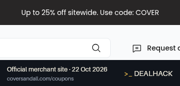 Screenshot of Covers & All's website on Oct 22, 2026 showing the "Save Up to 25% on Covers & All Sitewide" offer