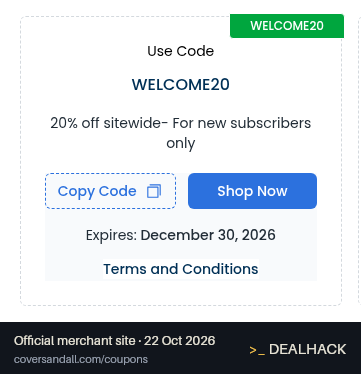 Screenshot of Covers & All's website on Oct 22, 2026 showing the "Get 20% Off Sitewide as a New Subscriber" offer