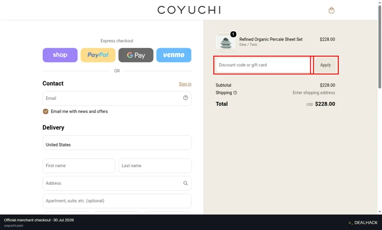 Coyuchi checkout page showing the Discount code or gift card field and Apply button