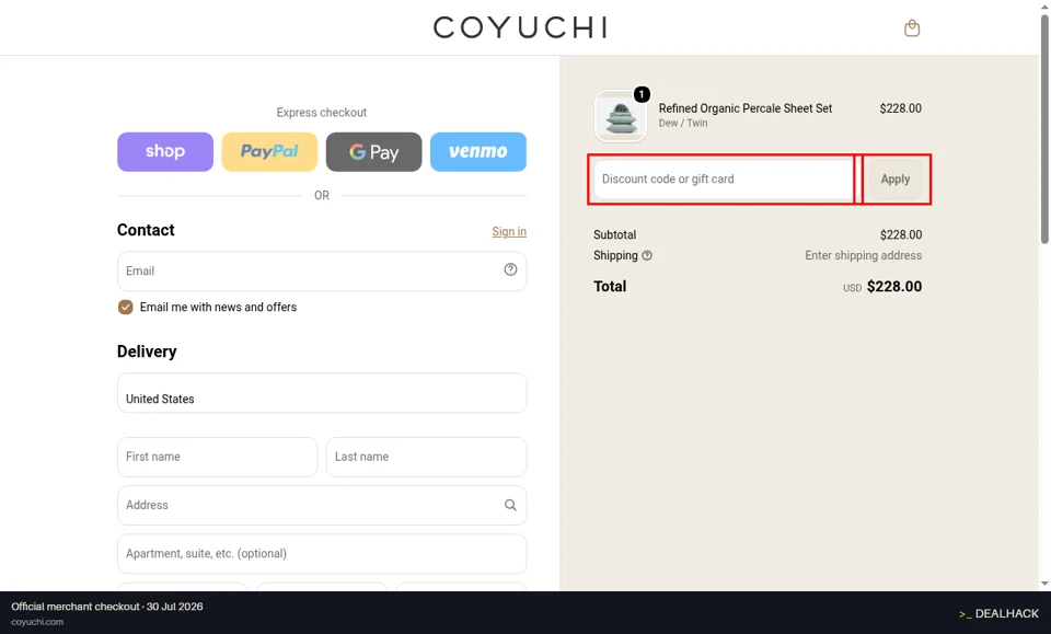 Coyuchi checkout page showing the Discount code or gift card field and Apply button