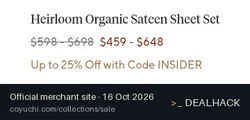 Screenshot of Coyuchi's website on Oct 16, 2026 showing the "Up to 25% Off at Coyuchi" offer