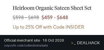 Screenshot of Coyuchi's website on Oct 16, 2026 showing the "Up to 25% Off at Coyuchi" offer