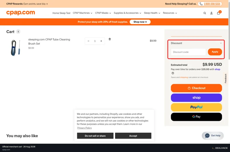 CPAP.com checkout page showing the Discount code field and Apply button