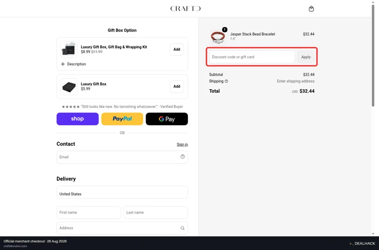 CRAFTD London checkout page showing the Discount code or gift card field and Apply button