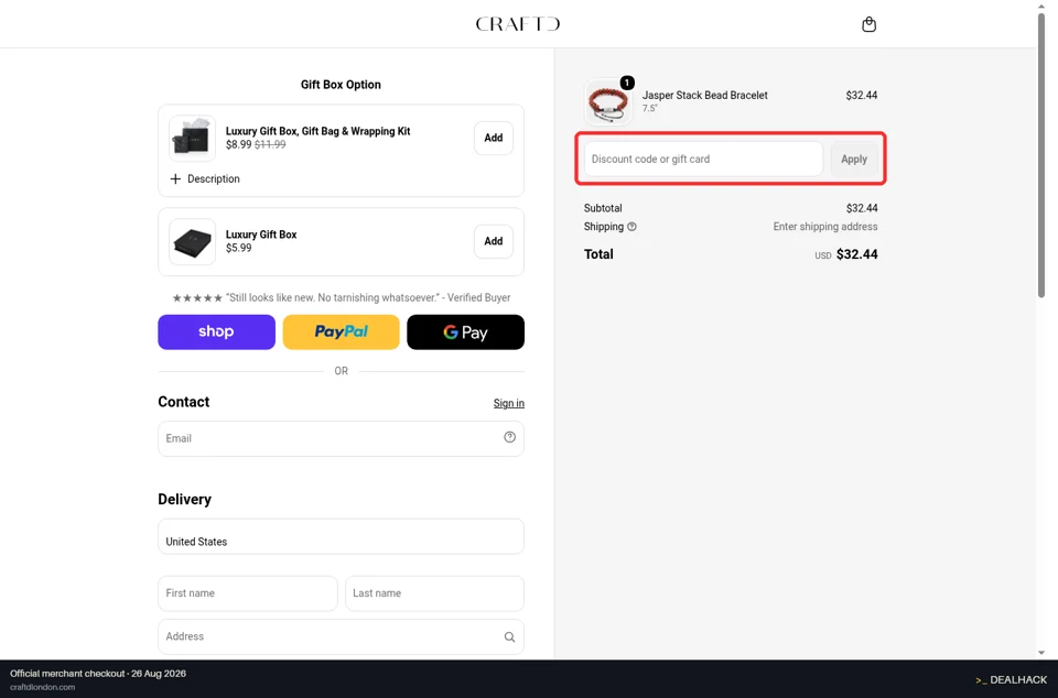 CRAFTD London checkout page showing the Discount code or gift card field and Apply button