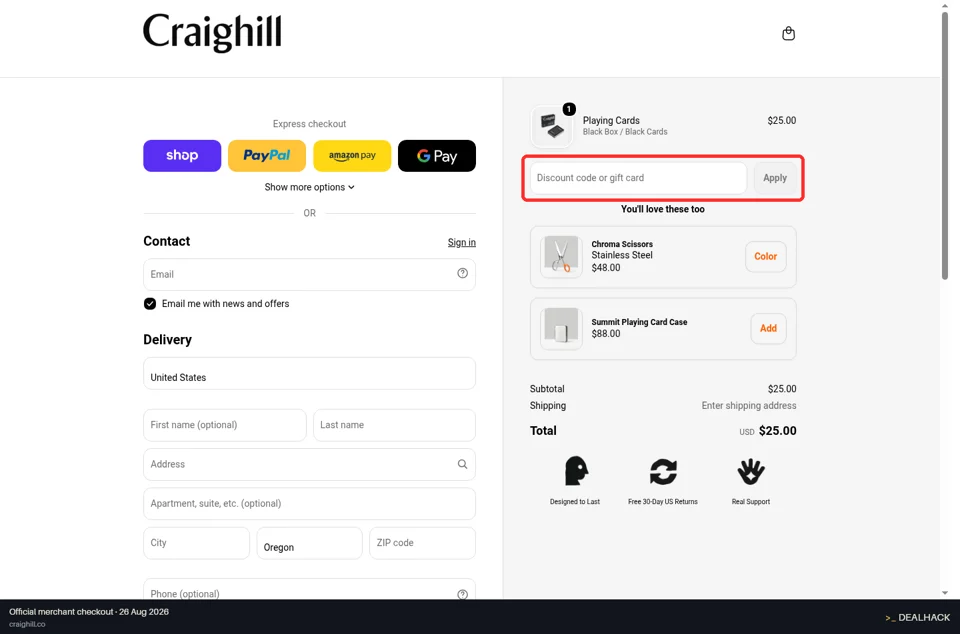 Craighill checkout page showing the Discount code or gift card field and Apply button