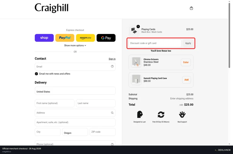 Craighill checkout page showing the Discount code or gift card field and Apply button