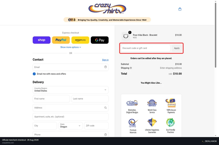 Crazy Shirts checkout page showing the Discount code or gift card field and Apply button