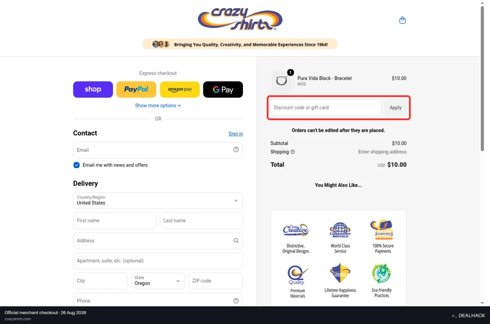 Crazy Shirts checkout page showing the Discount code or gift card field and Apply button