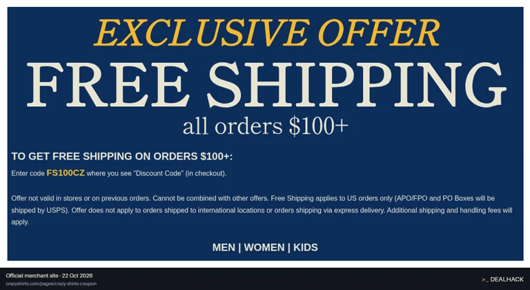 Screenshot of Crazy Shirts's website on Oct 22, 2026 showing the "Get Free Shipping on U.S. Orders $100+" offer