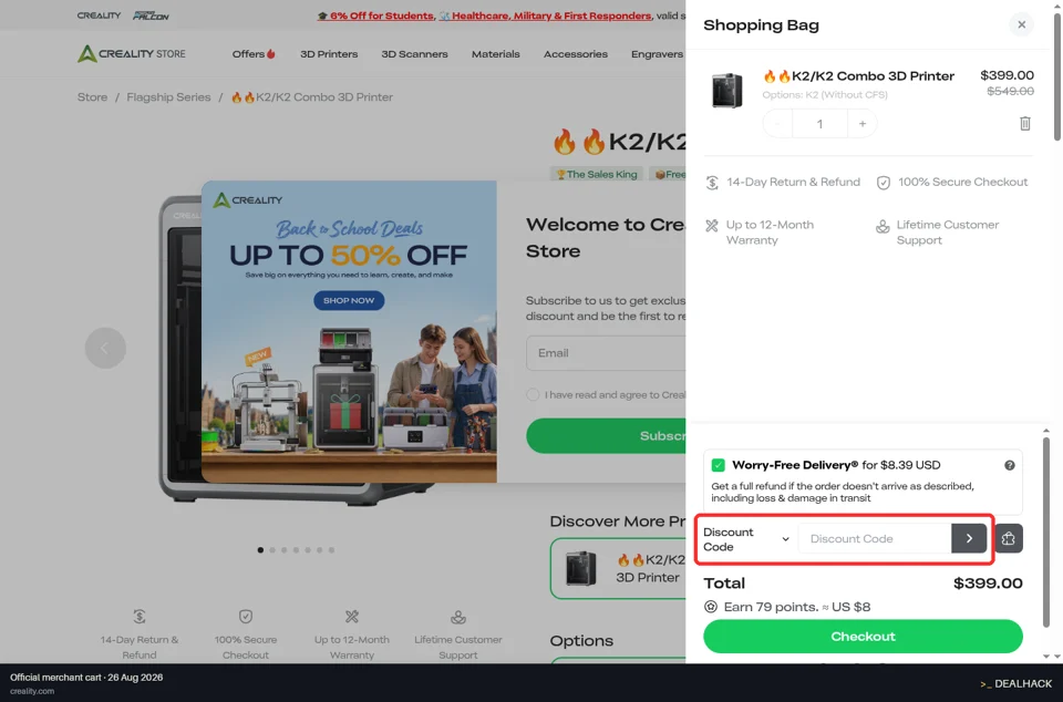 Creality checkout page showing the Discount Code field and Apply button