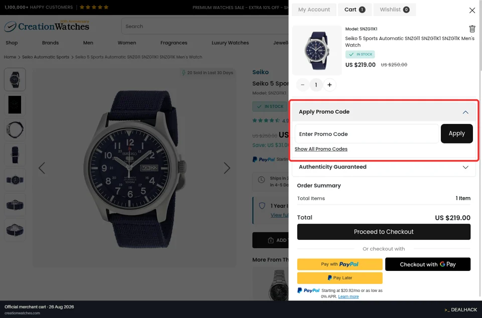 Creation Watches checkout page showing the Enter Promo Code field and Apply button
