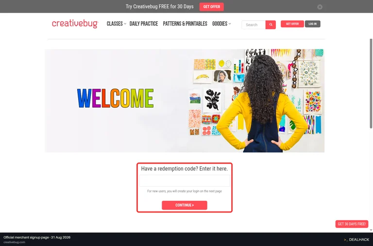 Creative Bug checkout page showing the Have a redemption code? Enter it here. field and Continue button
