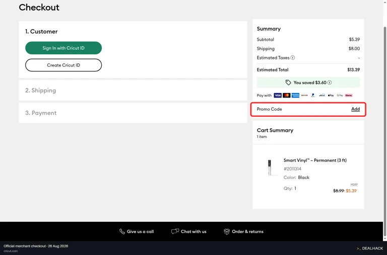 Cricut checkout page showing the Enter Promo Code field and Apply button