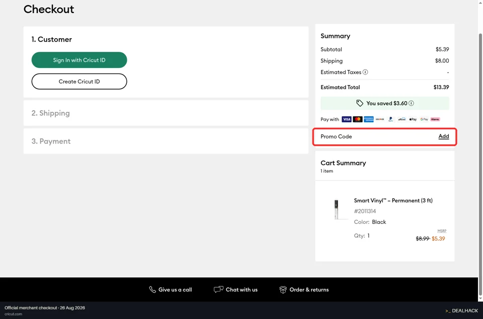 Cricut checkout page showing the Enter Promo Code field and Apply button