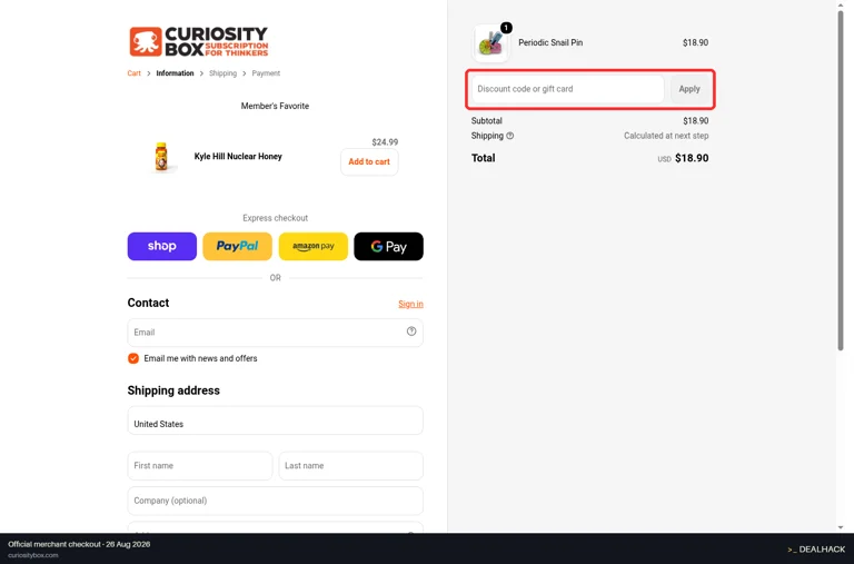 Curiosity Box checkout page showing the Discount code or gift card field and Apply button