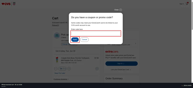 CVS Pharmacy checkout page showing the Enter code here field and Apply button
