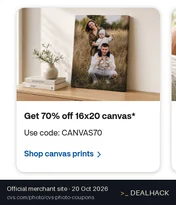 Screenshot of CVS Pharmacy's website on Oct 20, 2026 showing the "Save 70% on Same-Day Canvas Prints" offer