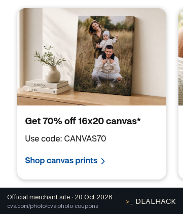 Screenshot of CVS Pharmacy's website on Oct 20, 2026 showing the "Save 70% on Same-Day Canvas Prints" offer