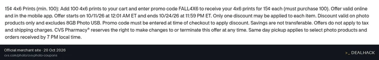 Screenshot of CVS Pharmacy's website on Oct 20, 2026 showing the "Get 46 Prints for 15 Each" offer