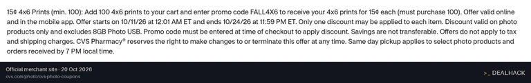 Screenshot of CVS Pharmacy's website on Oct 20, 2026 showing the "Get 46 Prints for 15 Each" offer