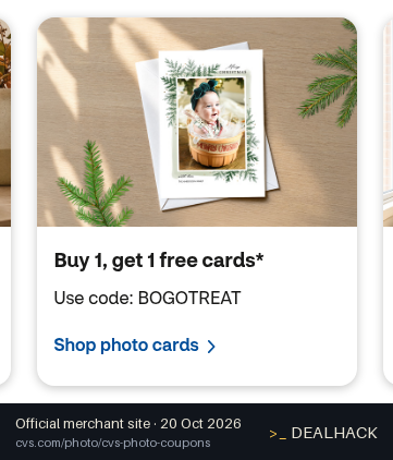Screenshot of CVS Pharmacy's website on Oct 20, 2026 showing the "Buy 1, Get 1 Free on Select Photo Products" offer
