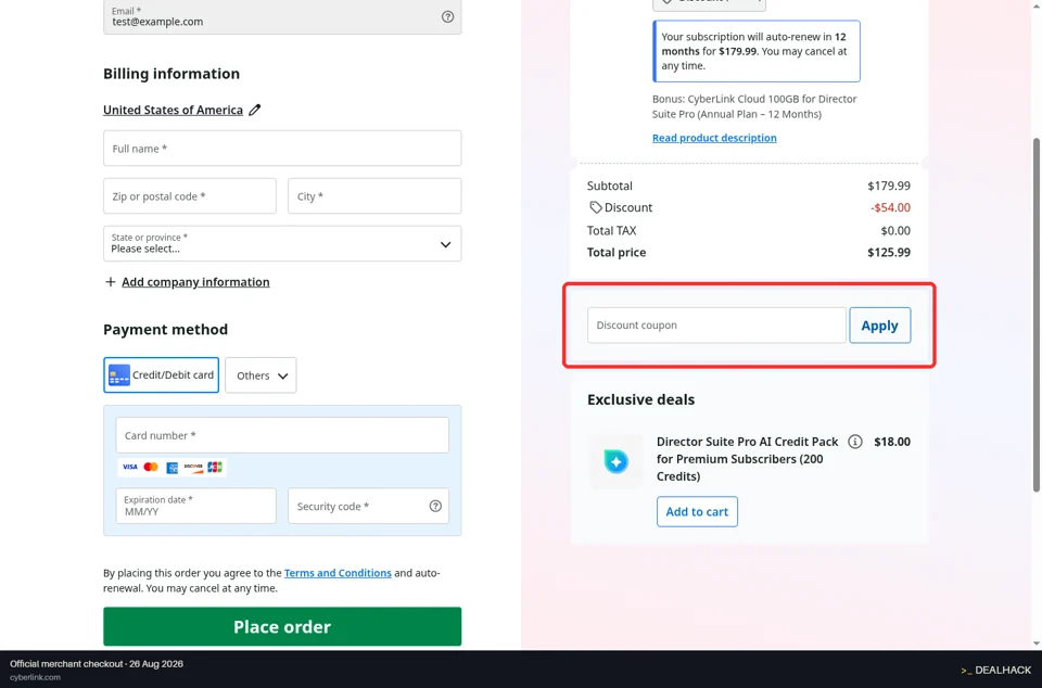 Cyberlink checkout page showing the Discount coupon field and Apply button