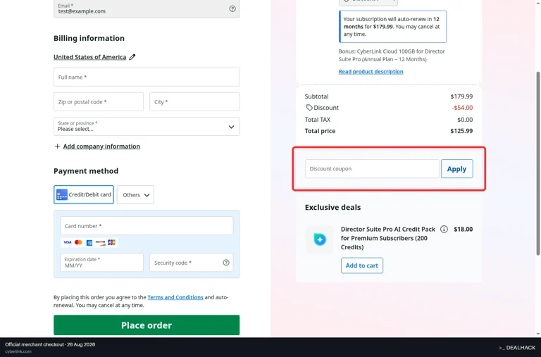 Cyberlink checkout page showing the Discount coupon field and Apply button