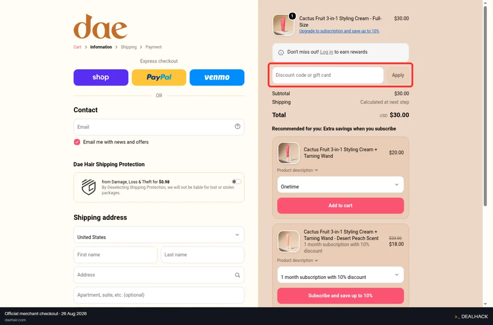 Dae Hair checkout page showing the Discount code or gift card field and Apply button