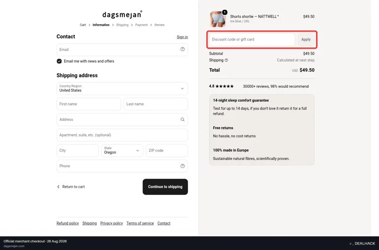 Dagsmejan checkout page showing the Discount code or gift card field and Apply button