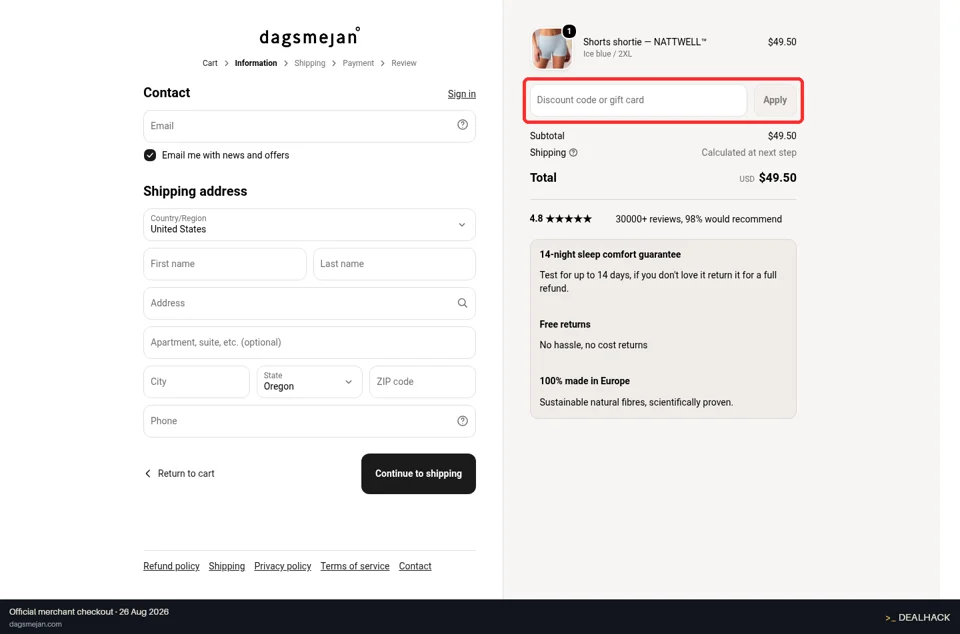Dagsmejan checkout page showing the Discount code or gift card field and Apply button