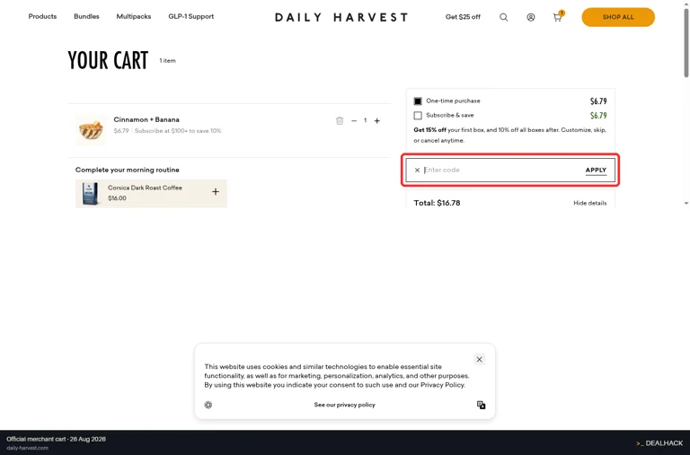 Daily Harvest checkout page showing the Enter code field and Apply button