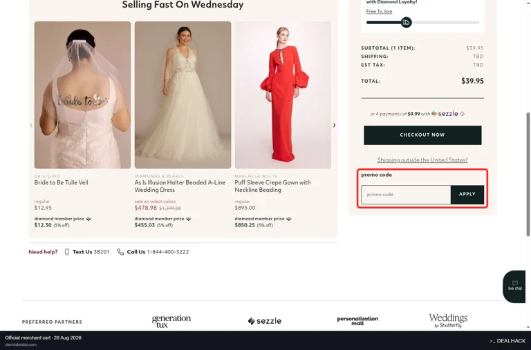 David's Bridal checkout page showing the promo code field and Apply button