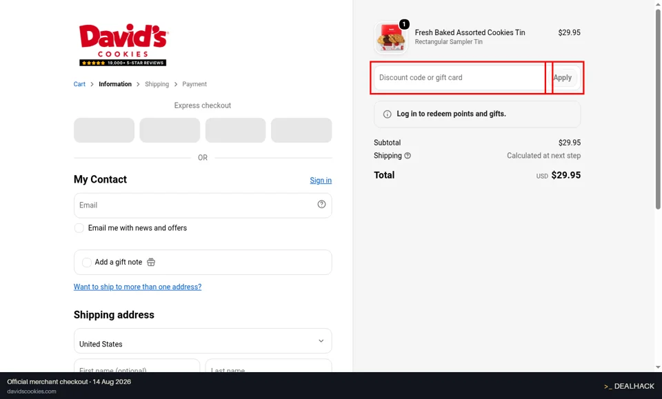 David's Cookies checkout page showing the Discount code or gift card field and Apply button