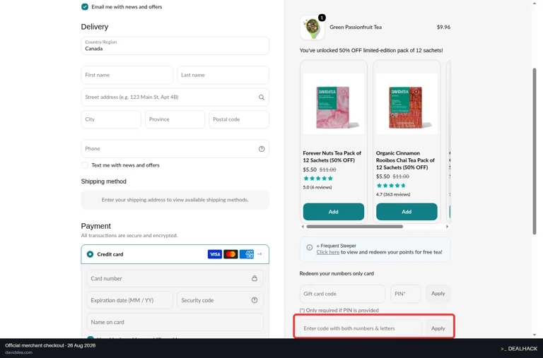 DAVIDsTEA checkout page showing the Enter code with both numbers & letters field and Apply button