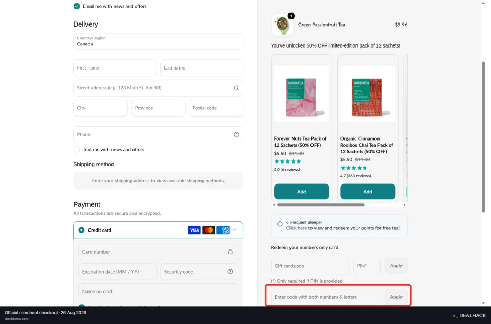 DAVIDsTEA checkout page showing the Enter code with both numbers & letters field and Apply button