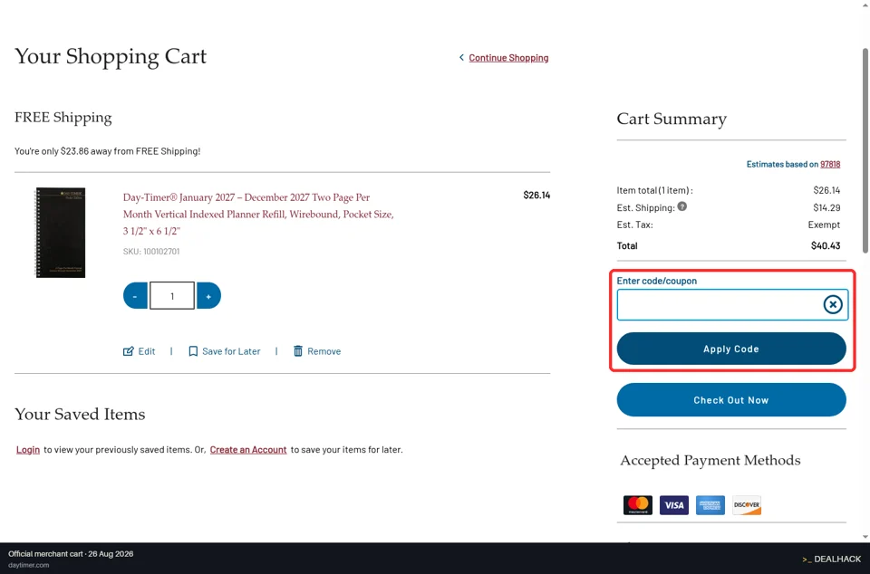 Day-Timer checkout page showing the Enter code/coupon field and Apply Code button