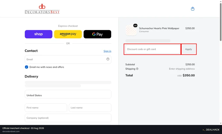 DecoratorsBest checkout page showing the Discount code or gift card field and Apply button