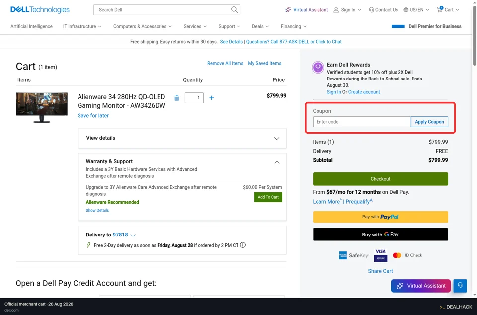 Dell checkout page showing the Enter code field and Apply Coupon button
