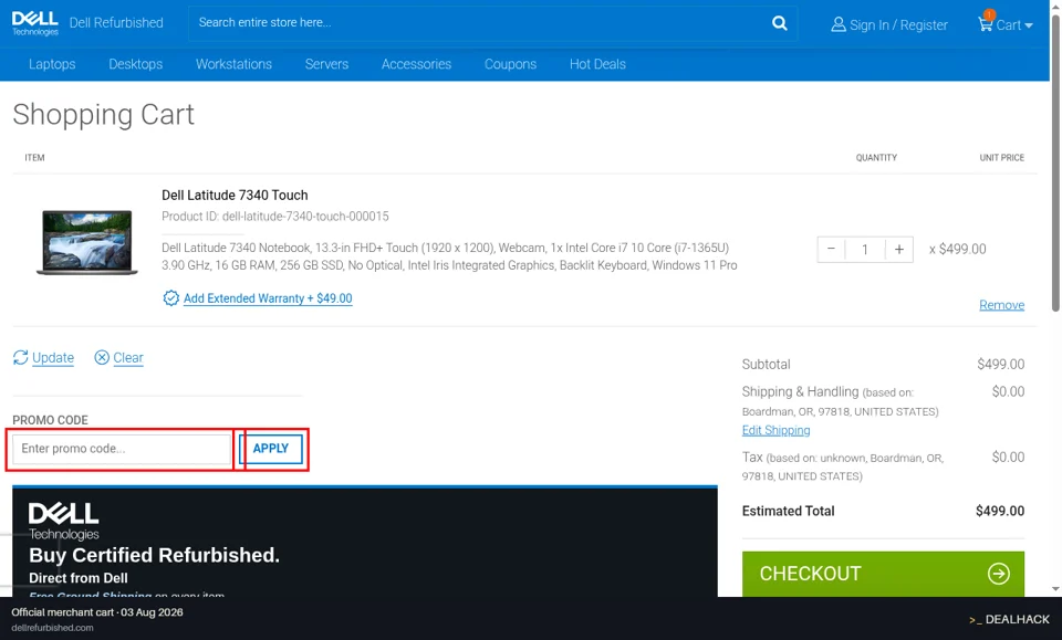 Dell Refurbished checkout page showing the Enter promo code... field and Apply button