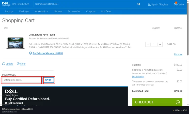 Dell Refurbished checkout page showing the Enter promo code... field and Apply button