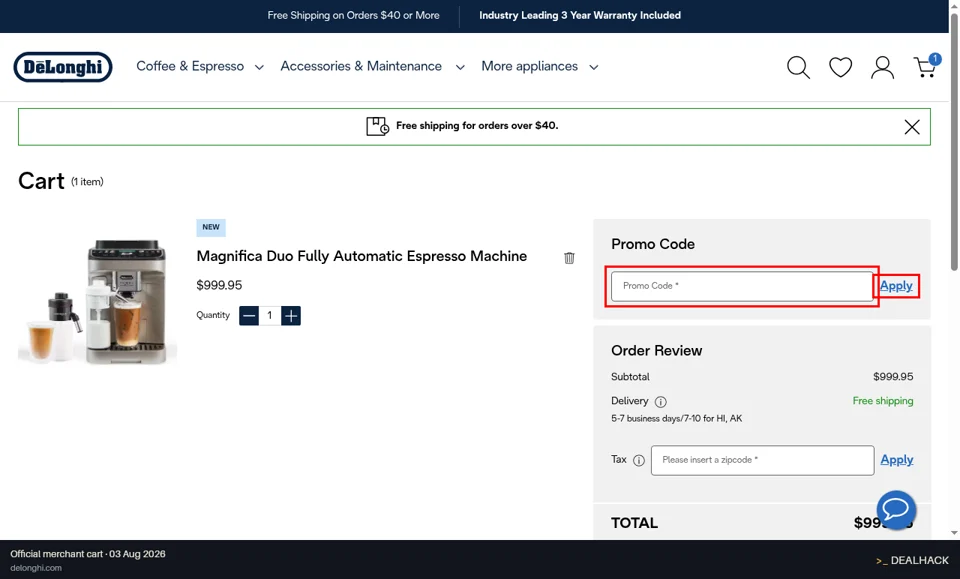 De'Longhi checkout page showing the Promo Code field and Apply button