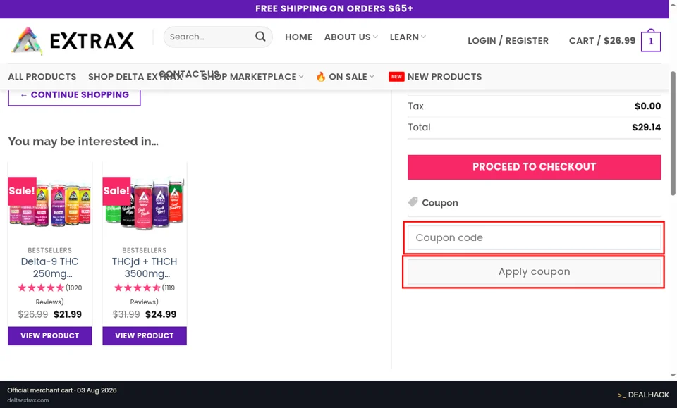 Delta Extrax checkout page showing the Coupon code field and Apply coupon button