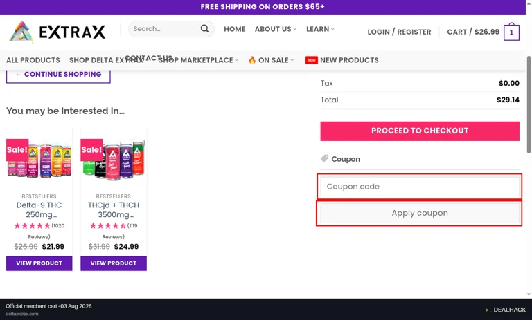 Delta Extrax checkout page showing the Coupon code field and Apply coupon button