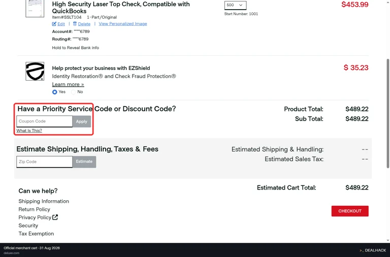 Deluxe For Business checkout page showing the Coupon Code field and Apply button