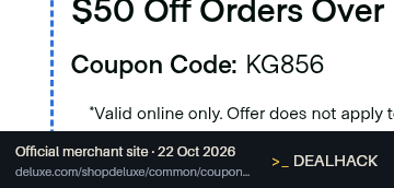 Screenshot of Deluxe For Business's website on Oct 22, 2026 showing the "Get $50 Off Orders Over $350" offer