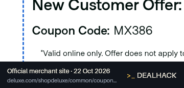 Screenshot of Deluxe For Business's website on Oct 22, 2026 showing the "Get 40% Off Your First Deluxe Order" offer