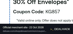 Screenshot of Deluxe For Business's website on Oct 22, 2026 showing the "Save 30% on Envelopes at Deluxe" offer