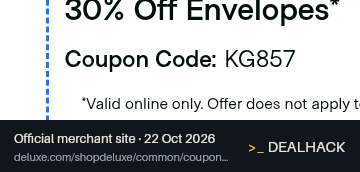 Screenshot of Deluxe For Business's website on Oct 22, 2026 showing the "Save 30% on Envelopes at Deluxe" offer