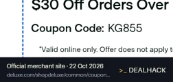 Screenshot of Deluxe For Business's website on Oct 22, 2026 showing the "Get $30 Off Orders Over $200" offer